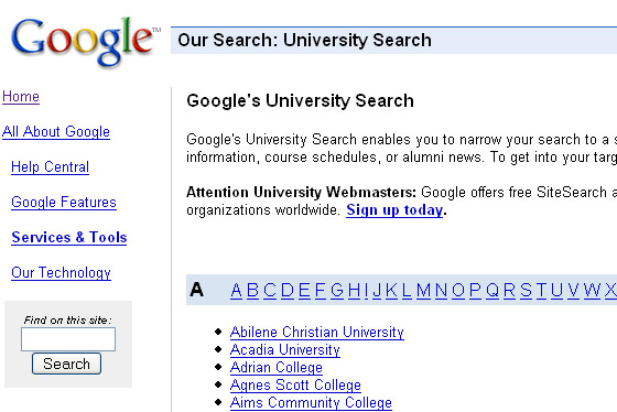 Google Universities Search.